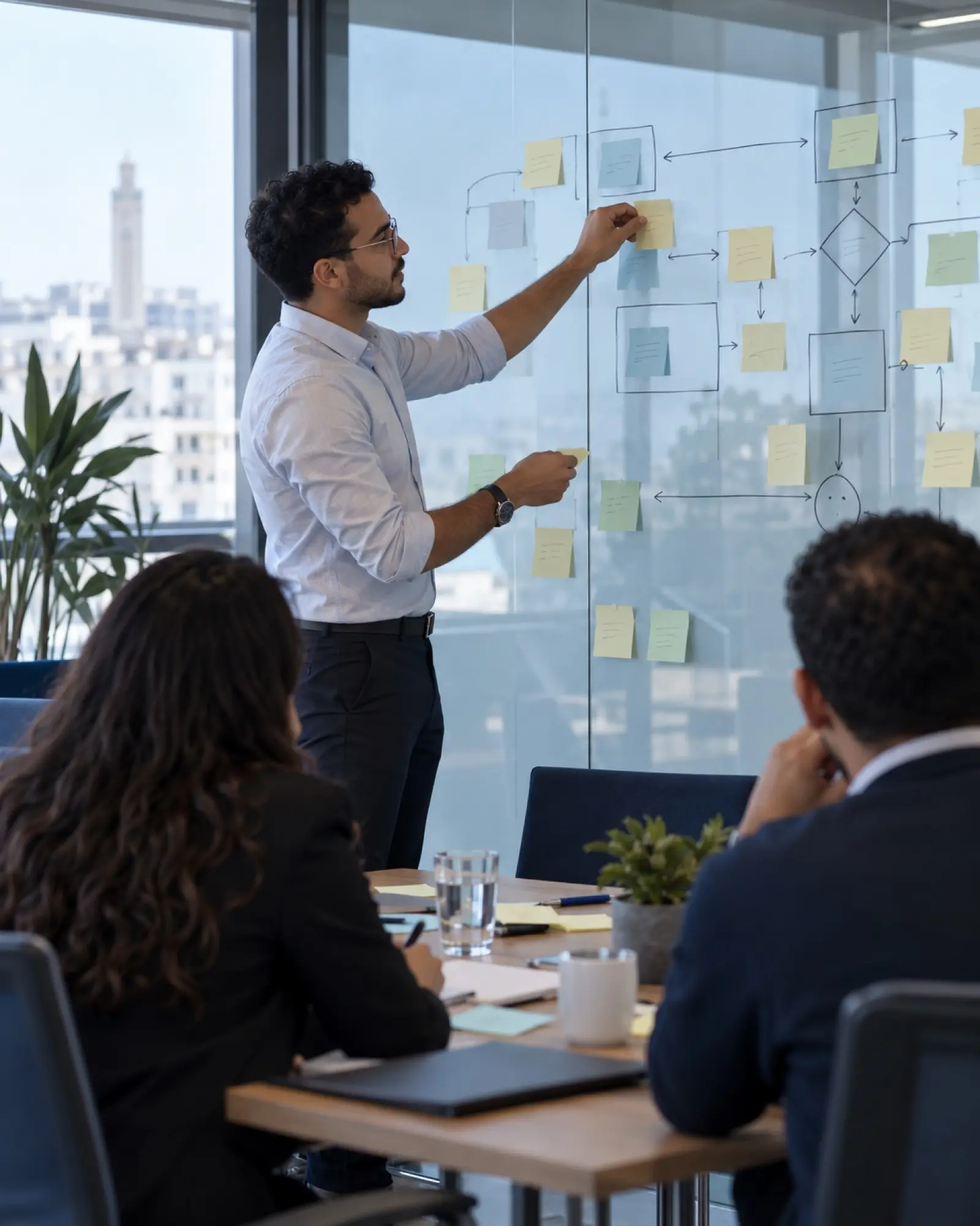 Atelier de cartographie des processus sur un mur de notes